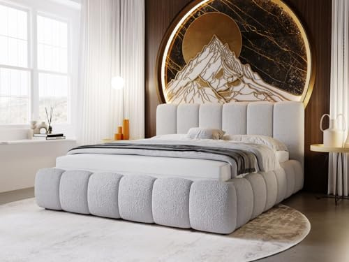 GRAINGOLD Cloud Bett 200x200, Polsterbett mit Bettkasten, Polsterbett mit Stauraum, Bouclé-Stoff, mit Lattenrost, mit Kopfteil, ohne Matratze (Hellgrau, 200x200)