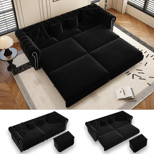 LuxyHoom 89 King Pull Out Sofa Bed, Velvet Chesterfield Sleeper Sofa Couch, 3 in 1 Convertible Tufted Futon Couches with Ottoman for Living Room, Small Space, Apartment, Office, Bedroom, Black