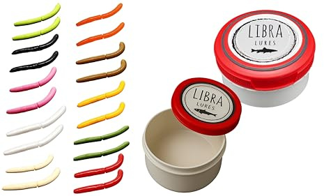 Libra Lures Fatty D Worm Tournament 55mm Starter-Set –20 x Forellenköder Softbaits in 10 Farben mit Krill-Aroma – Gummiköder Set + dichte Dose – Ideal zum Forellenangeln