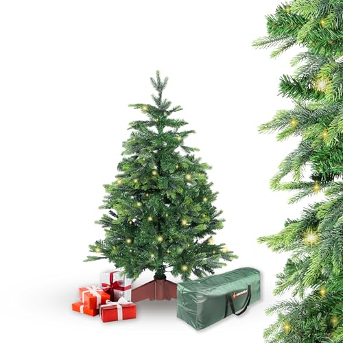 Gartenpirat Künstlicher Weihnachtsbaum BonTree Tanne 120 cm mit Beleuchtung 110 LED warmweiß Komfort-Set Christbaum künstlich mit Holzständer und Aufbewahrungstasche