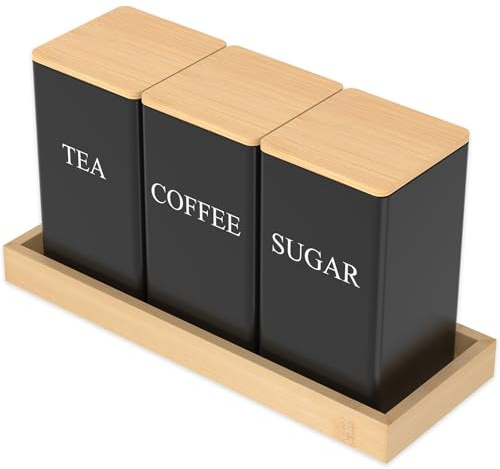 KEGAJEGA 2 Stück Teedosen für Losen Tee 8,5x8,5x14,3cm Kaffeedosen mit Tablett Kaffeebohnen Aufbewahrung Kaffeebohnen Behälter zur Aufbewahrung von Kaffee Tee Zucker Mehl Müsli Snacks (Schwarz)