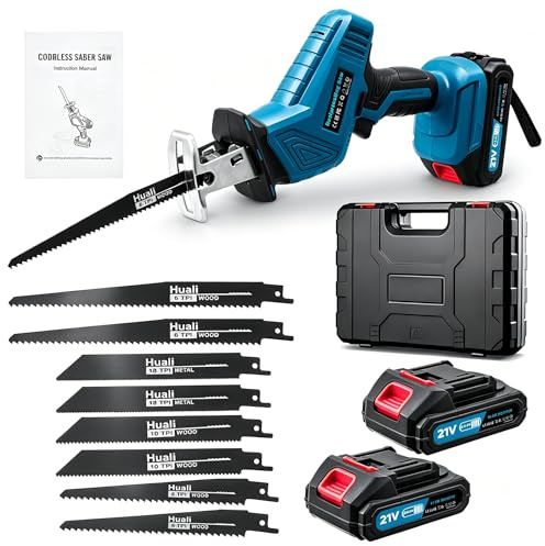 Bellanny Scie Sabre Sans Fil, 21V Scie Sabre à Batterie avec 2×2000mAh Batteries, Vitesse Réglable de 0-4000RPM, Remplacer la Lame de Scie Sans Outils avec 8 Lames pour Coupe de Bois Métal Branches