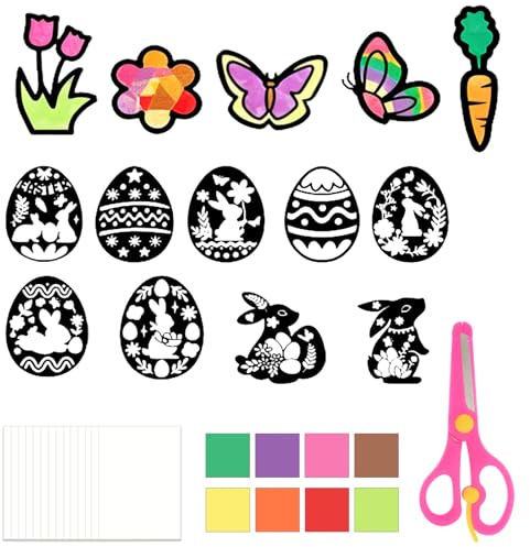 Scinzene 17 Stück Fensterbilder Frühling, Oster Bastelset Kinder, Bastelset Ostern DIY Fensterdeko mit Transparentpapier, Hase Ei Schmetterling Malset für Jungen Mädchen, Frühjahr Bastelmaterial