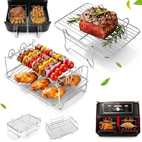 2 stycken varmluftsfritös tillbehör, stapelbar insats rostfritt stål grillgaller med 4 spett, kompatibel med Ninja AF400EU/AF500EU & COSORI 8,5 L/10 L – för Dual Zone Airfryer 7,6 l–10,4 l