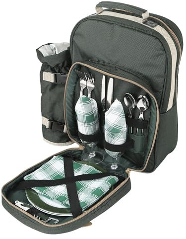 Greenfield Collection 2 Person Cooler Bag Picnic Set Rucksack; Lightweight Picnic Backpack Hamper; Includes Cutlery Set; Perfect Waterproof Coolbag Backpack for Camping/BBQ/Hiking - Green