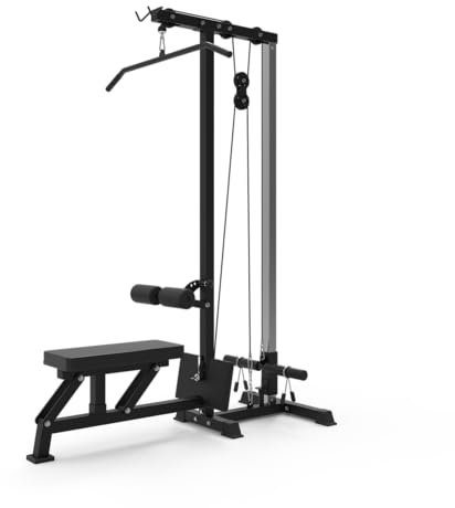 Bad Company Latzug-Turm mit klappbarem Sitzpolster und Zubehör - Latzug-Maschine für Training von Oberkörper Bizeps Trizeps am Kabelzug I BCA-106 (schwarz, Kunststoff-Umlenkrollen)