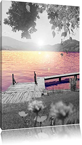 Pixxprint kleiner Steg am See bei Sonnenaufgang B&W, Größe: 80x60cm, Leinwandbild, fertig gespannt, Wandbild, Dekoration, Kunstdruck, kein Poster