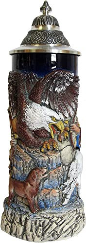 KING Griffon Krug, kobalt, bunt, mit Zinnspitzdeckel, 0,75 Liter Bierseidel