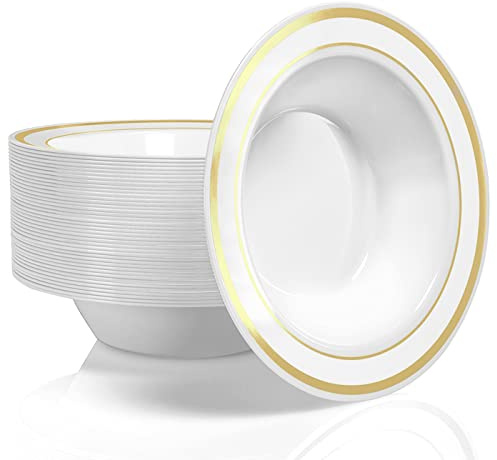 Stock Your Home Plastic Party Bowls (50 Pack) 12 Oz Elegant Disposable Dinnerware - Fancy Shatterproof Tableware for Catering, Holidays, Parties Supplies, Weddings, Catering, and Everyday Use (Gold)