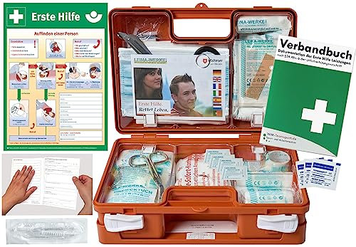 Verbandskoffer/Verbandskasten (K) -Paket 2- Erste Hilfe nach aktueller DIN 13157 für Betriebe -DSGVO- INKL. PERFORIERTEM VERBANDBUCH + Aushang Erste Hilfe