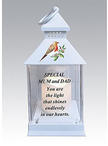 Mum & Dad Memorial Light Up Christmas Lantern - Robin Holly Floral Candle Graveside Memory Remembrance