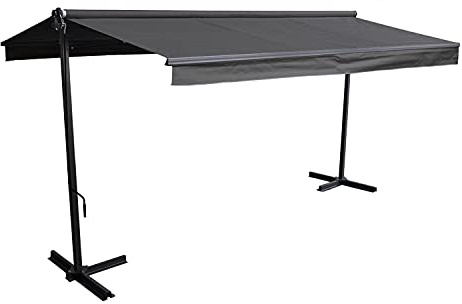 Store Double Pente Frene sur Pieds de Dimensions 3,95 x 3 m, Toile Anthracite et Structure Grise