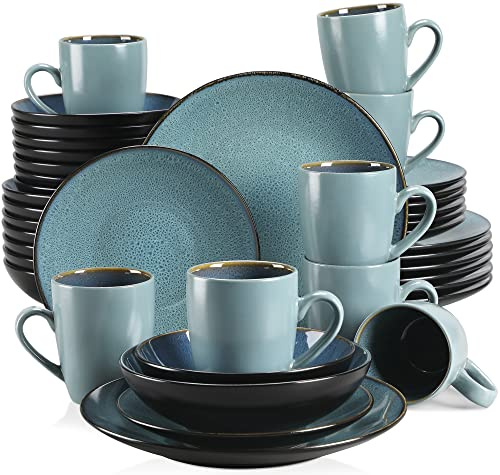Tafelservice Steinzeug, vancasso 40 teiliges BUBBLE Kombiservice Set, Geschirrset im Vintage Aussehen, Beinhaltet Müslischalen, Kaffeetassen, Dessertteller, Suppenteller und Speiseteller