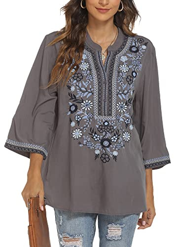Traditional Mexican Embroidered Peasant Tops for Women, Plus Size Vintage Floral Tunic Shirts, Flowers Embroidery Blouses