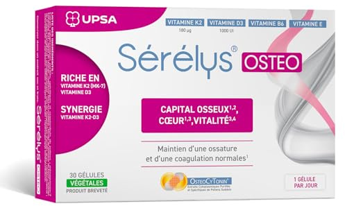 UPSA - Sérélys OSTEO - Complément Alimentaire Naturel - Capital Osseux et Bien-être Pendant et Après la Ménopause - Riche en Vitamines K2, D3, B6 & E - 30 Gélules - 1 Mois