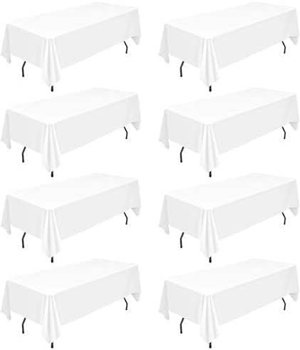 8 Packs Weißes Polyester Tischtuch für 6 Ft Rechteck Tische,153×260cm Polyester Stoff Tischtuch Knitterfrei Waschbar Tischdecke,für Hochzeit,Geburtstag,Party,Bankette Dekorieren