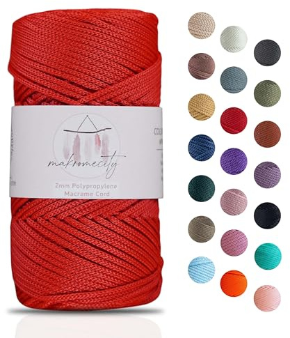 Makromecity, Polyester Macrame Cord 2mm x 125 Yards (375 feet) 2mm Polypropylene Macrame Cord Crochet Macrame Bag Cord Crafts for Wall Hangings, Bags, Underplate, Rug (1, Red)