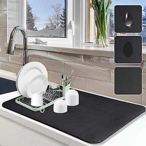 Dish Drying Mat for Kitchen Counter, 16x24 Dish Drying Pad with Non-slip Rubber Backed, Hide Stain Anti Absorbent for Kitchen Counter, Drying Mat for Coffee Machine Dish Rack (Black)