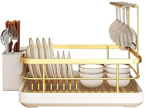 GIZNXBA Abtropfgestell Geschirr Weiß, Geschirr Abtropfständer Abtropfgitter Für Die Arbeitsplatte, Geschirrtrockner Abtropfgestell Mit Abnehmbarem Utensilienhalter, Weinbecherhalter (Color : /Gold)