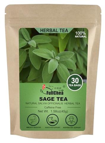 FullChea - Sage Tea Bags - 30 Count X 1.5g - Premium Natural Cut & Sifted Sage Leaf - Non-GMO - Caffeine-free - Rich in Antioxidants & Respiratory Support