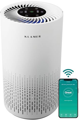 KLAMER Luftreiniger 300i mit HEPA Filter, CADR Spitzenleistung von 220 m³/h, für Räume bis 50m², entfernt bis zu 99,9% Pollen, Staub, Viren und Allergene, 3 Modi inkl. Automatikmodus