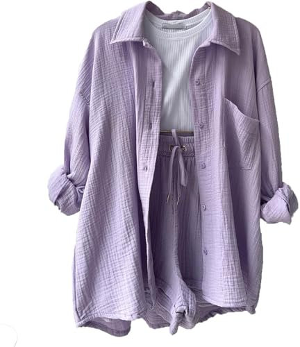 Schwarze Bluse Damen Elegant Musselin Spitzenbluse Damen Anzug Elegant 2 Teilig Lounge Set 2 Teiler Musselinbluse Blusenjacke Zweiteiler Für Damen Sportshirt Button Down Shirt(1-Light Purple,M)