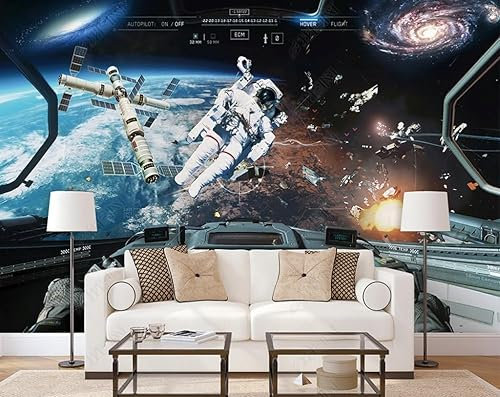 Fototapete 3D Effekt 3D Tapete Universum Weltraum Astronaut Raumstation Raumschiff Fototapete Wandgemälde Vlies Wohnzimmer Schlafzimmer Flur Wanddekoration 450(W) X315(H) Cm