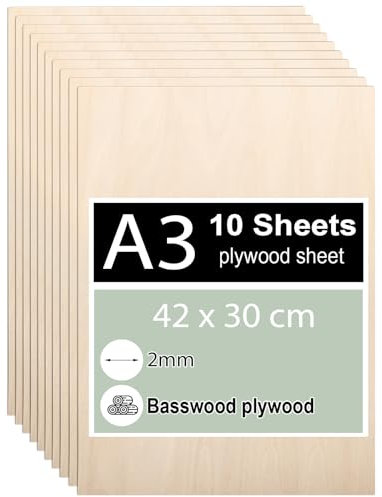 10 pezzi Compensato 2mm, Legno Compensato di Tiglio A3 42 x 30 cm, Fogli di Compensato, Fogli di Legno Sottili per Modellare, Pannelli Taglio Laser, Pirografia