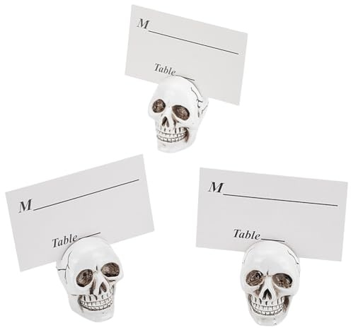 AHANDMAKER 3 Stück Totenkopf Tischkartenhalter Clip Für Karten Auf Der Tischplatte Tischnummernhalter Aus Kunstharz Mit Totenkopf Motiv Gruseliger Schreibtisch Für Party Friedhof Halloween Dekoration
