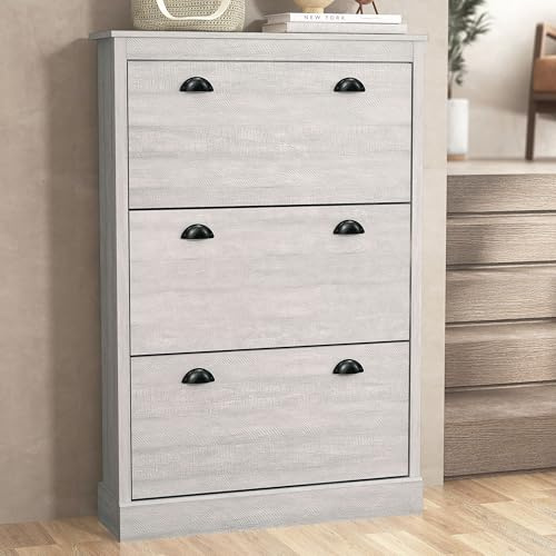 Galano Britley 3 Door Shoe Cabinet – Narrow Entryway Shoe Storage Cupboard with Adjustable Shelves – Dusty Grey Oak Finish – 79.0 x 23.0 x 118.9 cm