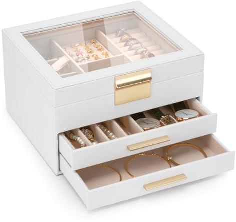 JBAOWEI Jewelry Box for Women, 3-Layer Jewelry Box, Jewelry Organizer with Clear Glass Lid and Drawers, Jewelry Organizers and Storage for Necklaces, Rings, Earrings, Bracelets(White)