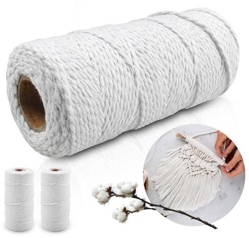 Rongxze 3 Pezzi Corda Di Cotone, 2mm x 100m Spago di Cotone Bianco, Spago per Decorazioni per Boemia Macrame, Linea di decorazioni per regali di Natale