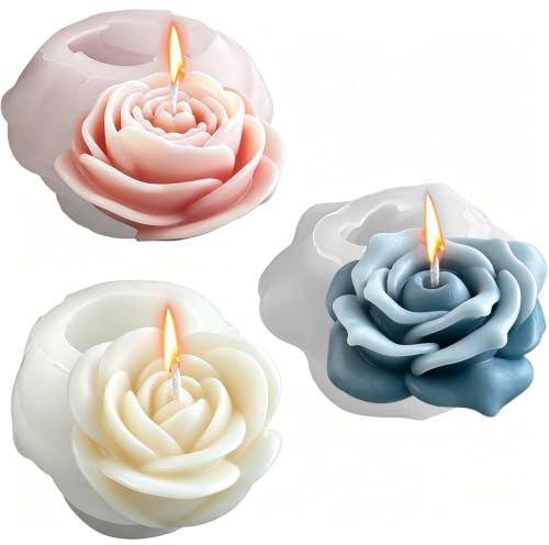 Molde de silicona para velas, juego de 3, forma de flor de peonía 3D, adecuado para velas perfumadas, jabones, pasteles, dulces, postres y postres de bricolaje, hermosos regalos hechos a mano
