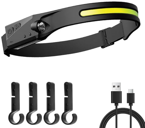 Carreuty Linterna frontal recargable con sensor de movimiento, linterna frontal Lumilight ajustable IPX5 impermeable con clips para casco, linterna LED ligera de larga duración, súper brillante para