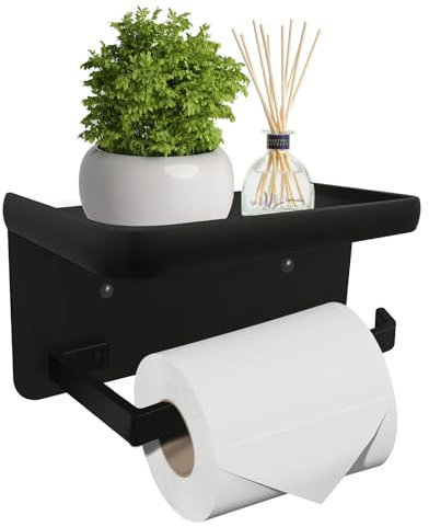 Toilettenpapierhalter mit 2 Montagemethoden, Edelstahl Klopapierhalter ohne Bohren, Klorollenhalter Wandhalterung mit Ablage, Toilettenpapier Halterung (Schwarz)