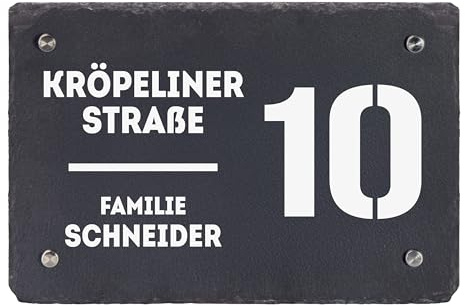 LAUBLUST Türschild Schiefer Personalisiert - Horizontales Format | Haustürschild mit Familienname, Adresse und Hausnummer - 3 Größen, Wetterfest | 4 Edelstahl Wandhalter