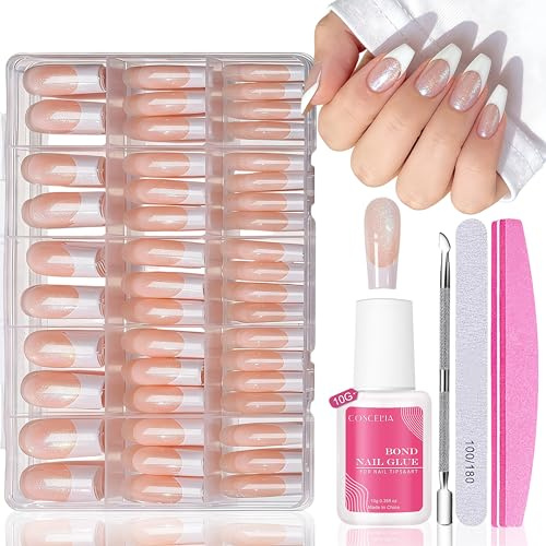 Nagel Tips Set - 240 Stück Glitzer French Tip Press On Nails - Falsche Nägel Zum Aufkleben Almond - Full Cover Fake Nails soft gel Natürliches & Angenehmes Tragegefühl