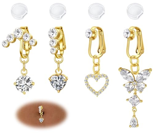 AVYRING 4 Pièces Bijoux de Piercing Nombril Faux, Clips Argentés et Dorés pour Femmes, en Acier Chirurgical 316L, avec Cœur, Papillon et Cristal CZ Rose