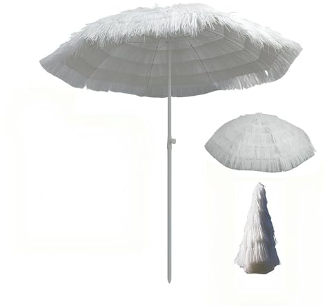 XUQQU Sonnenschirm Weiß 2,0 m, Kippbarer Strohschirm Hawaii, Großer Bastschirm, Gartenschirm Höhenverstellbar, Sonnenschutzschirm für Terrasse, Strand, Balkon, Ohne Ständer