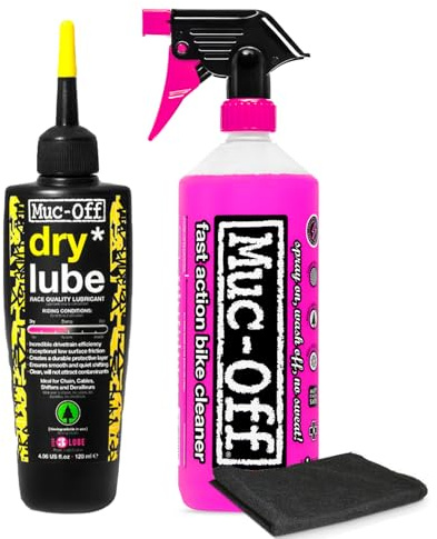 Muc-Off Nano Tech Bike Cleaner 1 Liter & Bio Dry Chain Lube 120ml Bundle with Microfiber Towel | Ultimate Bike Cleaning & Lubrication Kit | Safe on All Surfaces | Wax-Based Lube for Dry Conditions