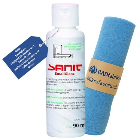 BADfabrik24 SANIT Emailglanz 90 ml – Spezialreiniger für Emaille & Keramik + Mikrofasertuch 40×40 cm – silikonfrei, reduziert Metallabrieb & feine Kratzspuren, pflegt Waschbecken, Spülen & Badewannen