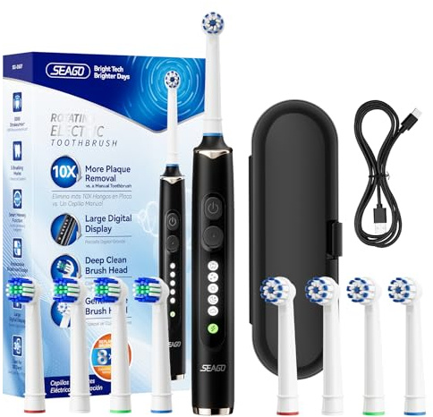 Seago Brosse à dents électrique rotative rechargeable, brosse à dent électrique avec étui voyage, 8 têtes pour familial, 5 modes, minuterie 2 min, étanche IPX7, SG2607, Noir