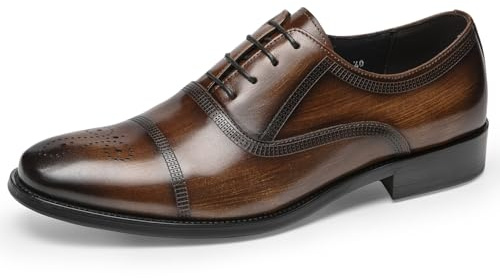 Mens Dress Shoes - Semi-Brogue Oxfords in Genuine Leather | Cap Toe Dress Shoes Brown 8.5