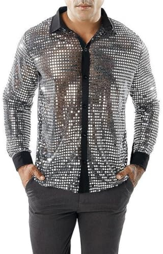 Men's Shiny Shirt, Long Sleeve Sequins 70s 80s Disco Fancy Dress Shirt, Retro Button Down Sparkly Dancing T-Shirt, Sheer Mesh See-Through Button Front Tops for Party Nightclub Christmas Prom Costume