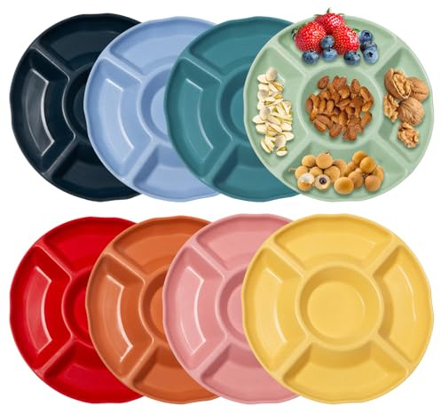 Rebanky 8 Snackteller mit 5 Fächern, Plastik 23 x 2,5 cm, für Snacks | Wiederverwendbare Servierteller für Nüsse, Obst, Süßigkeiten und Desserts 8 Farben