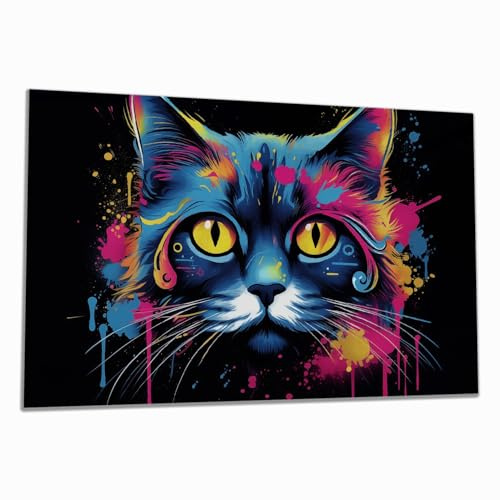 Wallario Herdabdeckplatte/Spritzschutz aus Glas, 1-teilig, 80x52cm, für Ceran- und Induktionsherde, Katze im Farbrausch