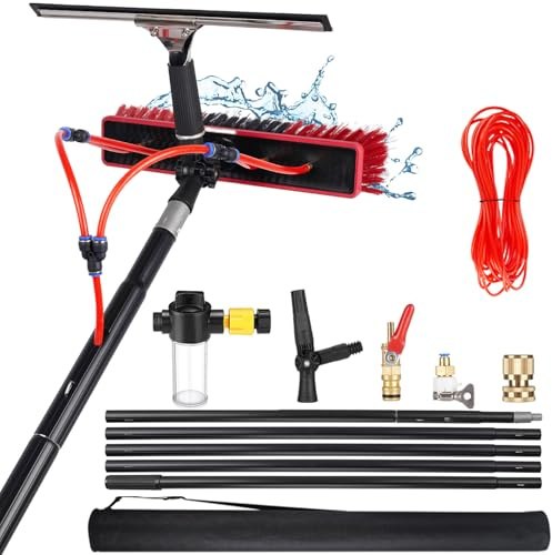 YFSMBD Brosse de Lavage Télescopique 3-20 Mètres, Brosse de Lavage avec Raclette & Distributeur de Savon, Perche Aluminium, Nettoyage des Fenêtres, Toit de Terrasse, Système Solaire (35cm Brosse,6m)