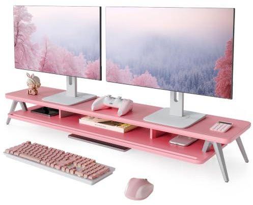 Fenge Monitor Stand, Monitor Riser, for Laptop PC TV Desk, Pink, 108cm | up to 45kg, Dual-Device, Phone/Tablet/Pen Slot, Cable Mgmt, Aluminum M-legs, Non-slip Pads, Divided Storage, For Office Home