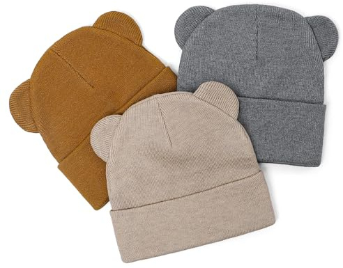 LACOFIA Baby Jungen Mädchen Wintermütze mit Bärenohren Kleinkind Warme Strickmütze Weiche Winter Beanie Hut Grau+Braun+Khaki 0-6 Monate