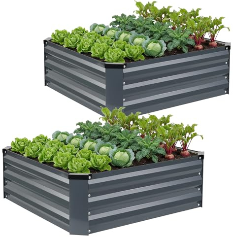 WILLOW WEAVE Lot de 2 jardinières surélevées pour jardin, en acier galvanisé pour la culture de plantes, légumes, fleurs et herbes aromatiques, 90 x 90 x 30 cm, gris